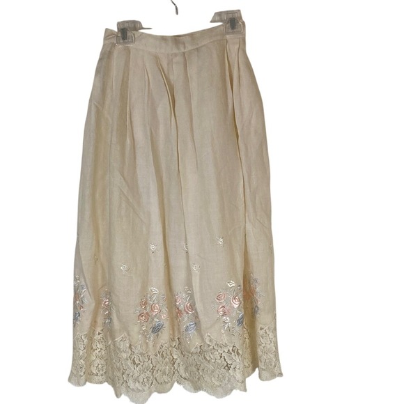 Vintage Dresses & Skirts - VTG‎ Nancy Crystal Cream Linen Embroidered Lace Trim Pleated Skirt Size 10 Fairy